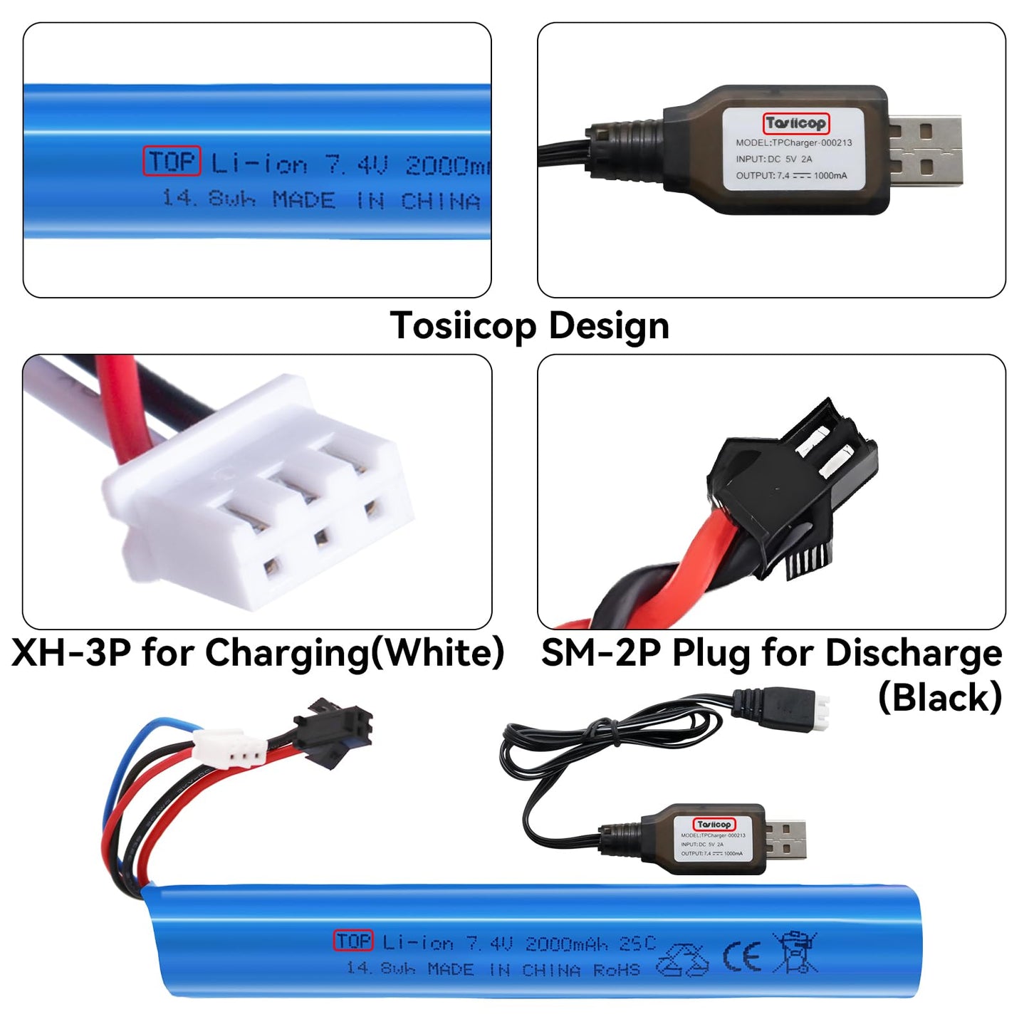 Tosiicop Airsoft Gel Blaster Battery - 7.4V 2000mAh LiPo Batteries for Splatter Ball Accessories SRB400 SRB1200 SRB400-SUB Water Bead MP5K M4 M110 with SM-2P Plug Rechargeable Charging Cable