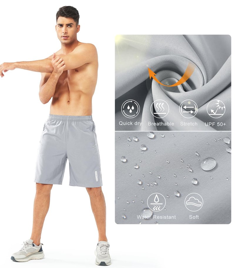 NORTHYARD Men's Athletic Running Shorts Gym Workout 7"/9"/5" Quick Dry Lightweight Sports Basketball Tennis 3 Zipper Pockets GREY-9inch 4XL
