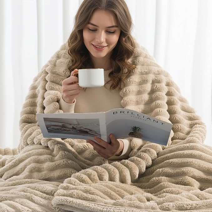 decorUhome Soft Fleece Light Brown Blanket King Size for Bed, Cozy Fluffy Plush Flannel Large Striped Throws for Couch Sofa, Lightweight Decorative Fuzzy Blanket for Woman, 108x90 Inches