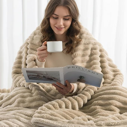decorUhome Soft Fleece Light Brown Blanket King Size for Bed, Cozy Fluffy Plush Flannel Large Striped Throws for Couch Sofa, Lightweight Decorative Fuzzy Blanket for Woman, 108x90 Inches