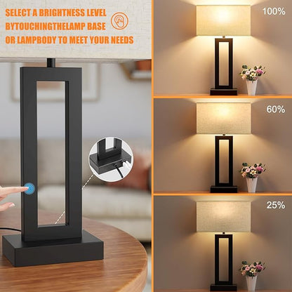 Cream & Black Modern Bedside Lamps - 22" Tall, Touch USB C+A, 3 Way Dimmable Set of 2 for Night Stands & End Tables