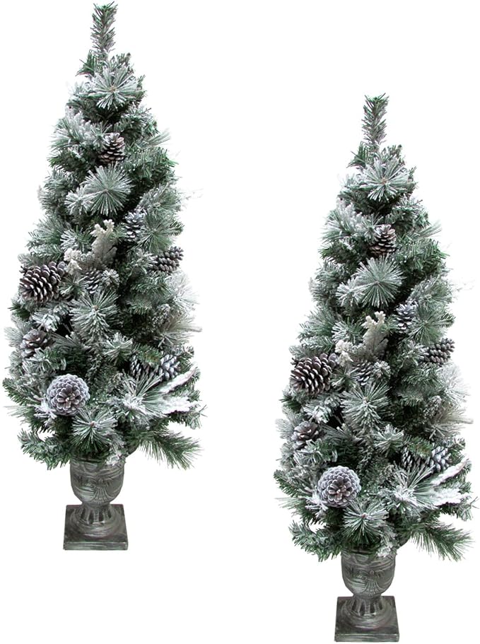 Fraser Hill Farm 4-Ft. Christmas Snow Flocked Porch Trees with Oversized Pinecones, Set of 2