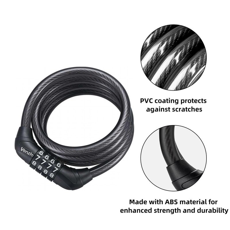 Venzio 2.62FT Bike Lock Cable, Heavy Duty 4-Digit Combination Lock, 10mm (3/8 inch) Self-Coiling Anti-Theft Security Cable for Bicycle, Scooter, Stroller, Fence, Gate, Grill, Outdoor Use