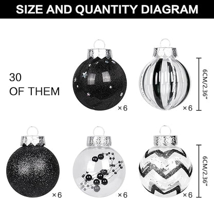 SY Super Bang 30PCS Black Christmas Ornaments Set, 60MM/2.36" Clear Plastic Shatterproof Ball Ornaments for Christmas Tree Hanging Decorations, for Home Holiday Party Xmas Decor.