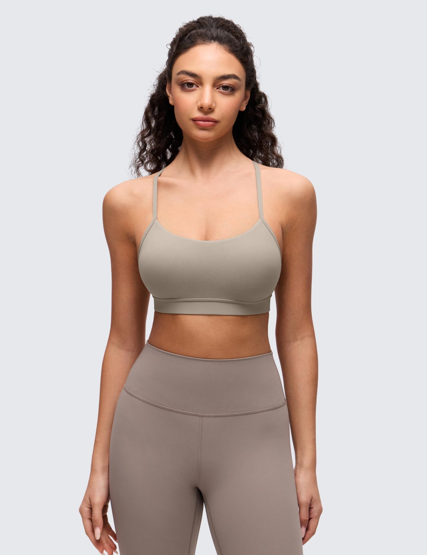CRZ YOGA Butterluxe Y Back Sports Bras for Women - Padded Racerback Low Impact Spaghetti Thin Strap Workout Yoga Top Warm Ash Grey Small