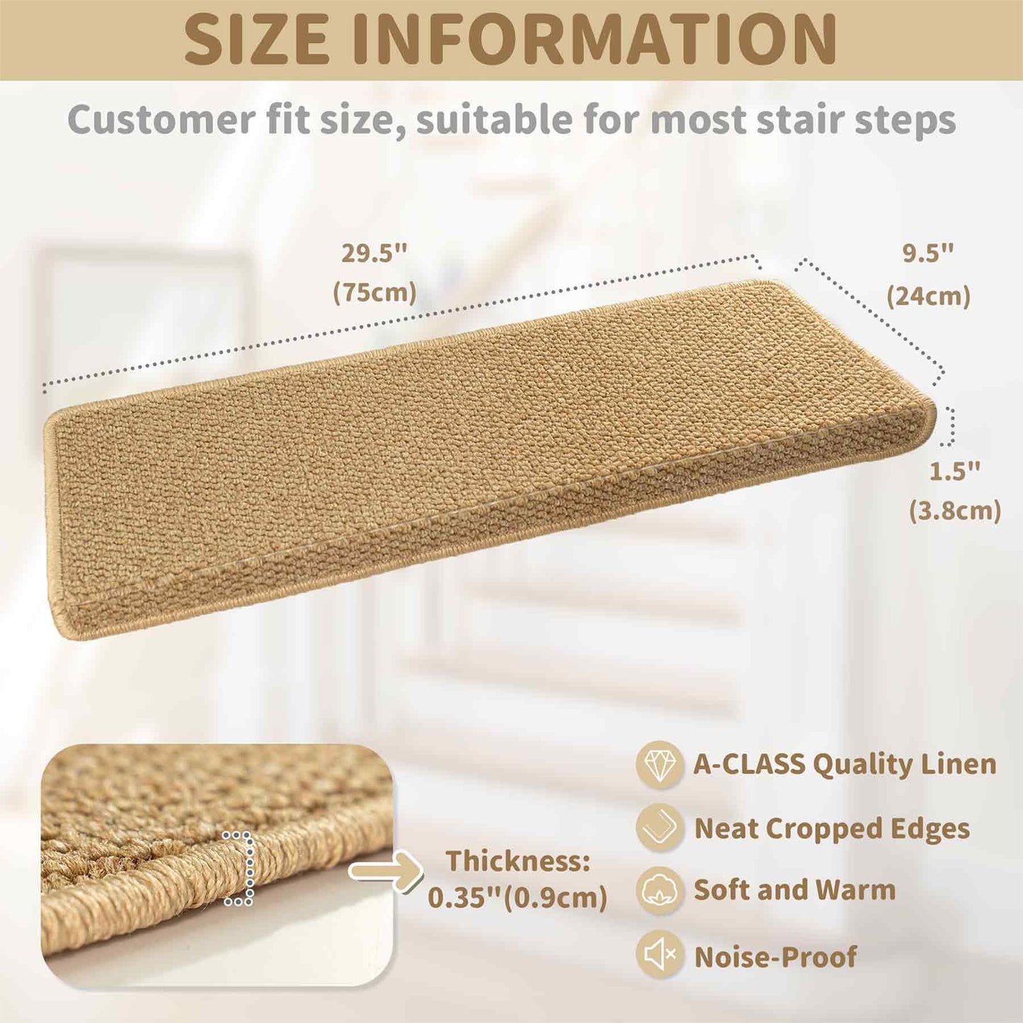 Brakki Bullnose Carpet Stair Treads, Non Slip Stair Treads for Wooden Steps Indoor, Stair Runner, Soft Stair Rugs, Edging Stair Protectors, Washable, 29.5"x9.5"x1.5" 14pcs, Beige
