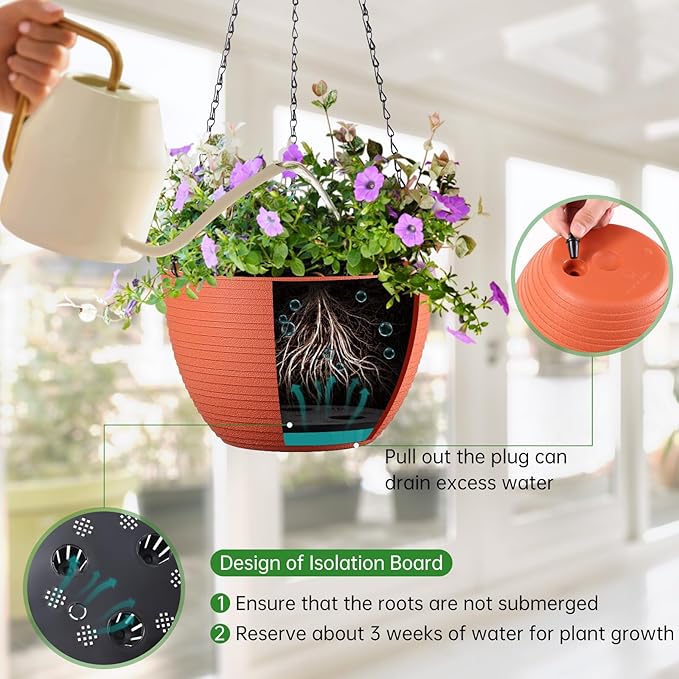Set of 2 10 Inch Self Watering Hanging Planters for Indoor Outdoor Plants, Light Textured Hanging Baskets Flower Pots with Drainage Hole & Plug and 20" Chain Hanger