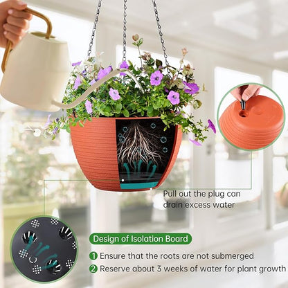 Set of 2 10 Inch Self Watering Hanging Planters for Indoor Outdoor Plants, Light Textured Hanging Baskets Flower Pots with Drainage Hole & Plug and 20" Chain Hanger