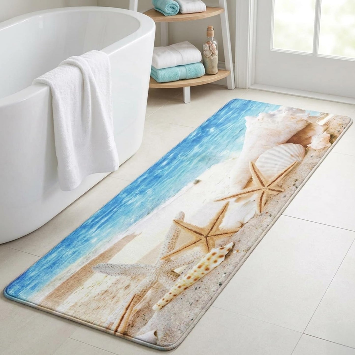 Creative House Life Beach Runner Rug 2x6 ft, Starfish Ocean Coastal Memory Foam Bath Runner, Non Slip Washable Mat for Bathroom, Hallway, Laundry or Kitchen