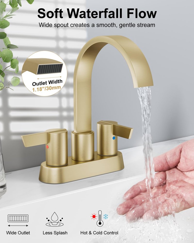 Aolemi Bathroom Sink Faucet, 4 Inch Centerset Waterfall Faucet for 2 or 3 Hole Vanity Sink, 2 Handle Vanity Faucet with Pop Up Drain and Supply Lines, Brushed Gold