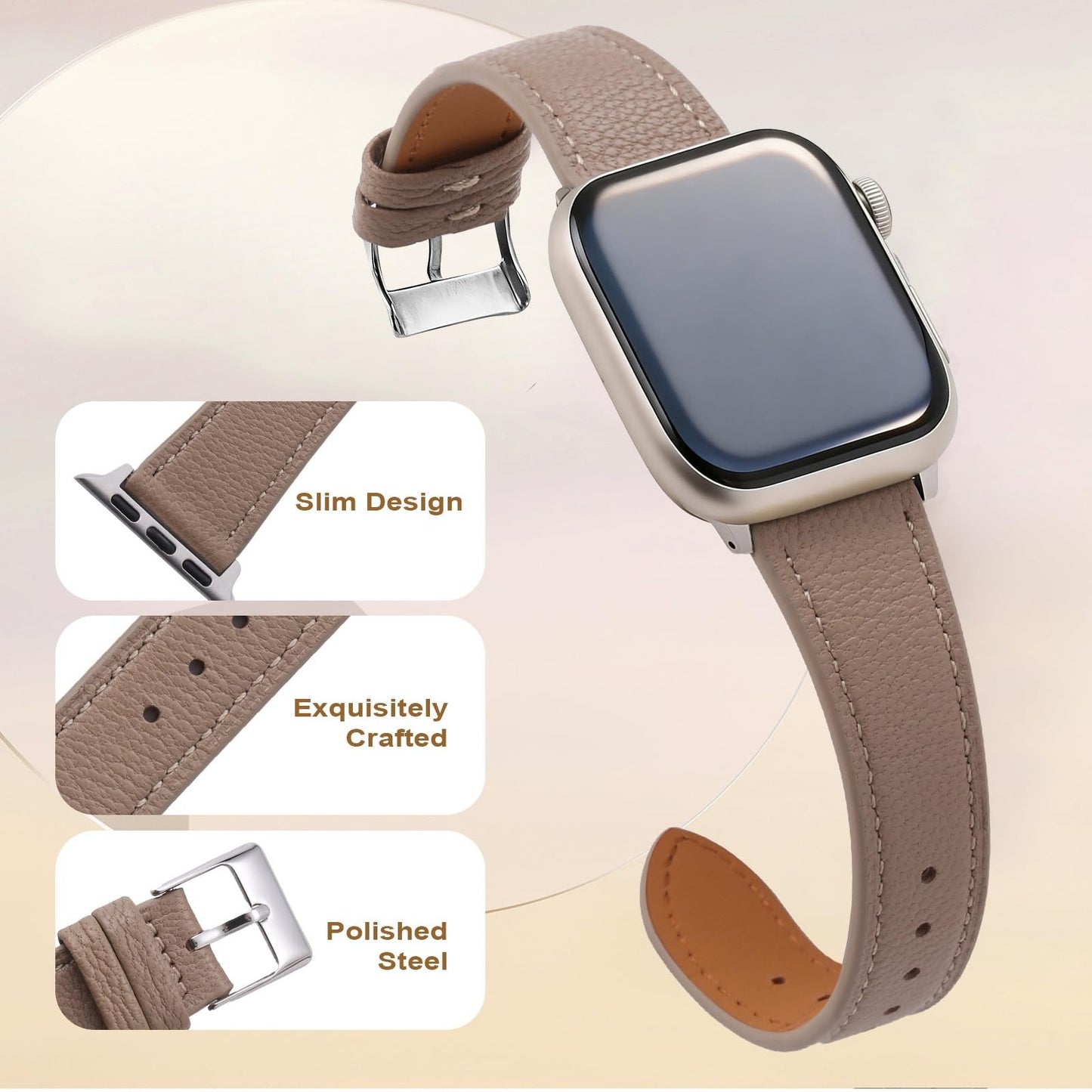 BULUDONA Slim Soft Leather Band Compatible with Apple Watch for Women 38mm 40mm 41mm 42mm 44mm 45mm 46mm 49mm,Top Grain Thin Straps Goatskin Wristband for iWatch Serise11 10 9 8 7 6 5 4 3 2 1 Ultra SE
