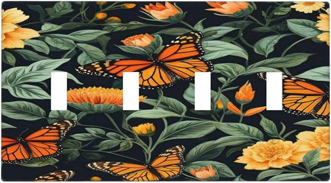 Butterflies Flower Garden Light Switch Covers Quad Toggle 4 Gang Wall Plate Decorative Switchplate Electrical Faceplate for Farmhouse Bathroom Living Decor