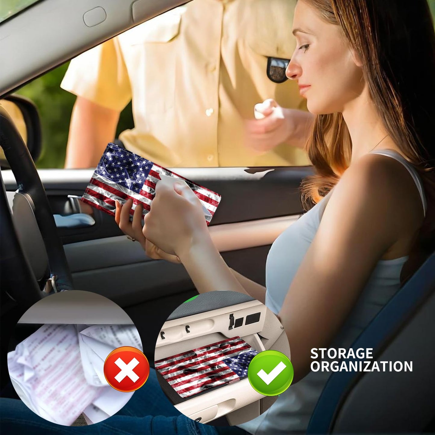 ADUQLZUX Leather Car Registration and Insurance Card Holder, Cute Car Accessories Vehicle Glove Box Car Organizer for Documents, Cards, License Retro American Flag