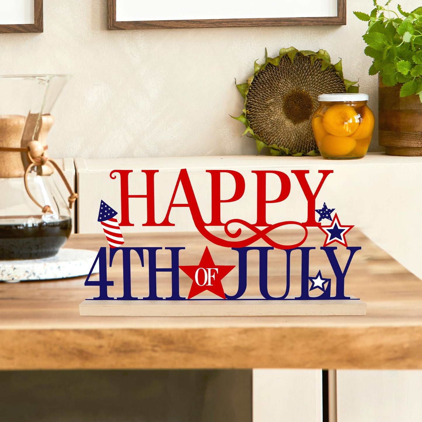 COCHIE Metal Happy 4th of July Sign, Red Blue and White Decorations for Home, Office, Shelf, Mantel, Indoor, Fouth of July Decoration, Patriotic Star Decor (Independence Day)