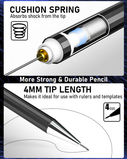 Nicpro 6 PCS Art Mechanical Pencil Set, Black Metal Drafting Pencil 0.3, 0.5, 0.7, 0.9 mm & 2PCS 2mm Graphite Lead Holder(4B 2B HB 2H) For Writing Sketching Drawing With 8 Lead Refills Eraser Case