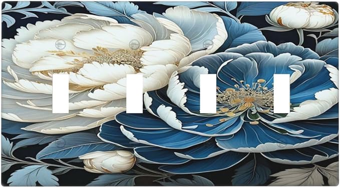 White Blue Flower Peonies Light Switch Covers Quad Toggle 4 Gang Wall Plate Decorative Switchplate Electrical Faceplate for Farmhouse Bathroom Living Decor