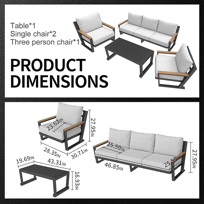 Aluminum Outdoor Sofa,4 Seats Modern Patio Furniture Set,Sectional Sofa Conversation Set with Coffee Table, Upgraded Washable Cushions for Garden Backyard,Grey