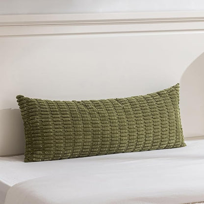 Fancy Homi 1 Pack Moss Green Long Lumbar Body Decorative Throw Pillow Covers 14x36 Inch for Bed Couch Bedroom Bench, Soft Corduroy Rectangle Solid Pillow Case 35x91 cm, Rustic Farmhouse Boho Decor
