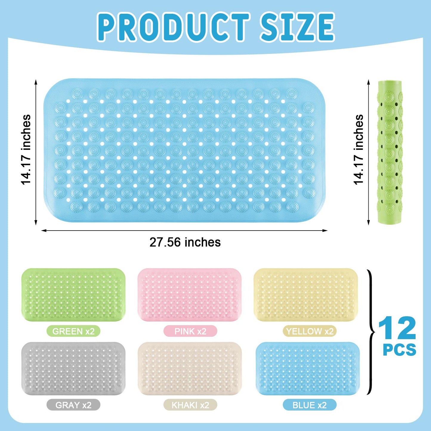 Dunzy 12 Pcs Non Slip Bath Mats 27.6x14.2 Inches TPE Bathtub Mats with Suction Cups Drain Holes Textured Surface Anti Slip Shower Pad for Bathroom Tub Adults Elderly Home Hotel