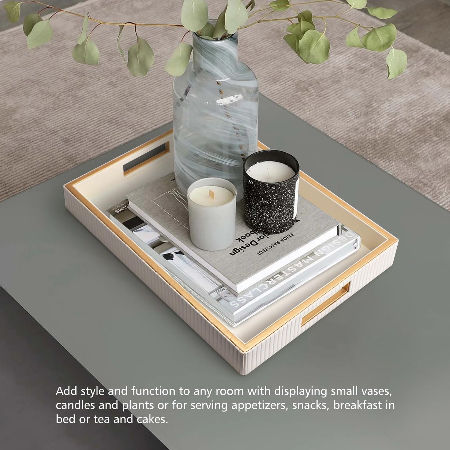 SANZIE Leather Tray Desktop Storage Organizer Premium Serving Trays Decorative Tray Valet Tray for Sundries Cosmetics Phone Wallet Cutlery (White Holder)
