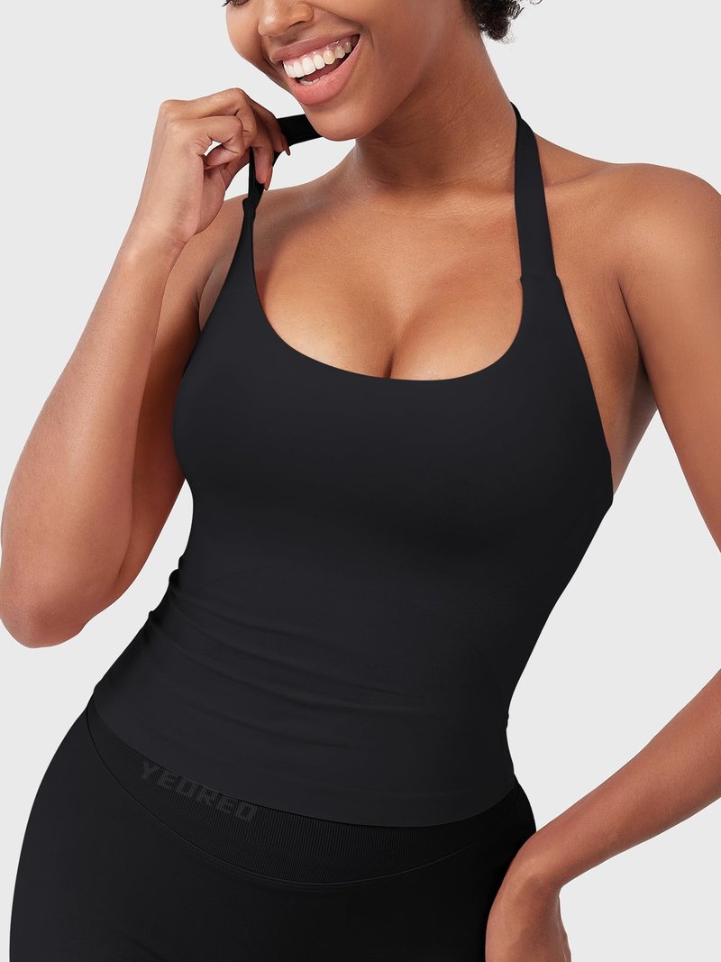 YEOREO SoftHue Women's Impact Halter Tank Top Longline Backless Scoop Neck Built-in Bra Sports Workout Gym Crop Top Black S