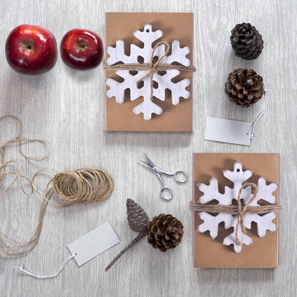 12Pcs Wooden Snowflake Ornaments for Christmas Tree, Rustic Snowflake Decorations with Jute Rope, Unfinished Wood Snowflakes Cutouts for Holiday DIY Crafts, Farmhouse Xmas Decor (12pcs)