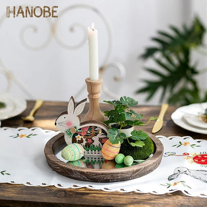 Hanobe Round Wood Decorative Tray: Rustic Wooden Trays for Coffee Table Farmhouse Centerpiece - Vintage Mirror Candle Tray for Home Decor Ottoman Bathroom Kitchen Organizer