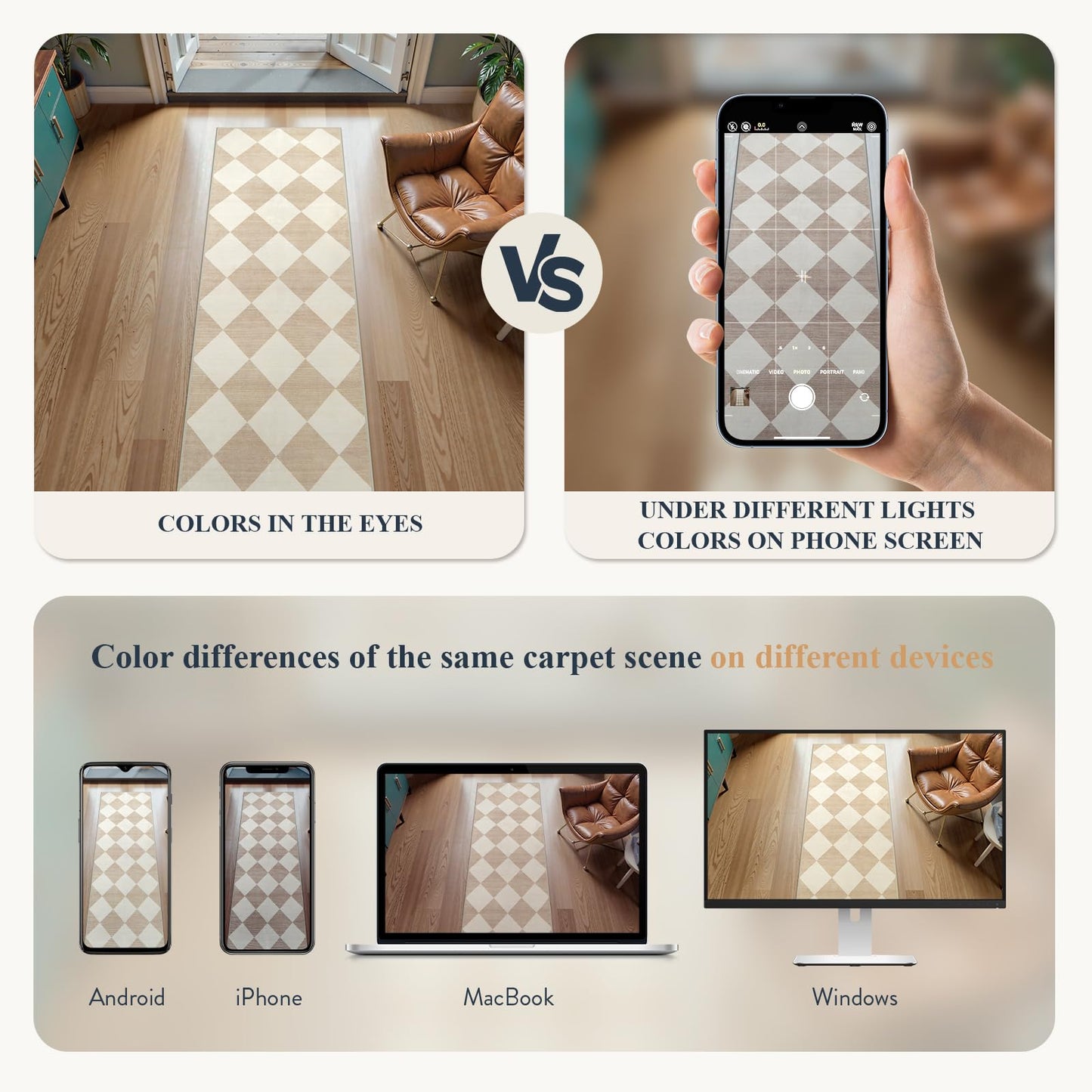 Beeiva Checkered Print Rug Runners for Hallways Non Slip 2.5x8, Ultra Thin Beige Kitchen Runner Rugs Non Skid Washable, Classic Neutral Gingham Decor Faux Wool Carpet for Bathroom Bedroom Entryway
