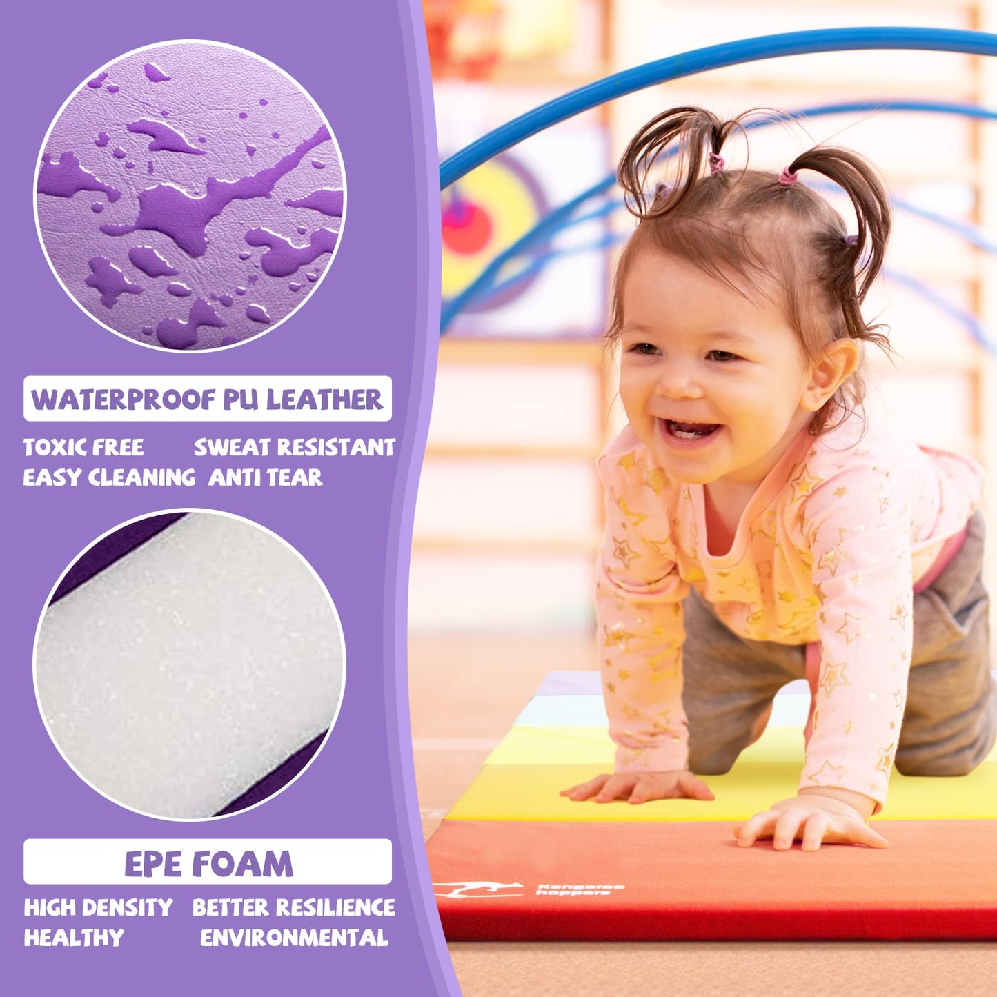 Kangaroo Hoppers Gymnastics Tumbling Mats for Kids, Foldable Gym Tumble Mat with Carrying Handles for Home Activity Play, 4 FT x 8 FT, 5-Panel, 1.5'' Thickness
