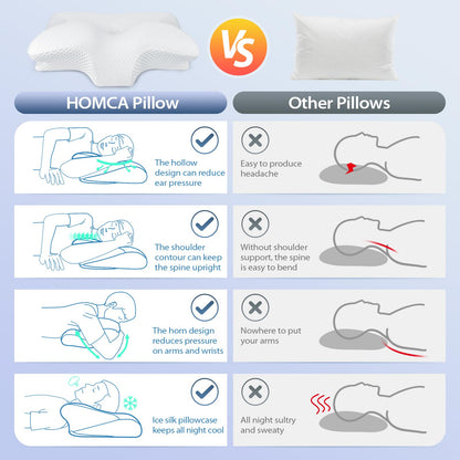 HOMCA Cervical Pillow, Ergonomic Memory Foam Pillow for Neck and Shoulder Pain Relief with Cooling Ice Silk Pillowcase, Orthopedic Neck Bed Pillow for Side, Back and Stomach Sleepers