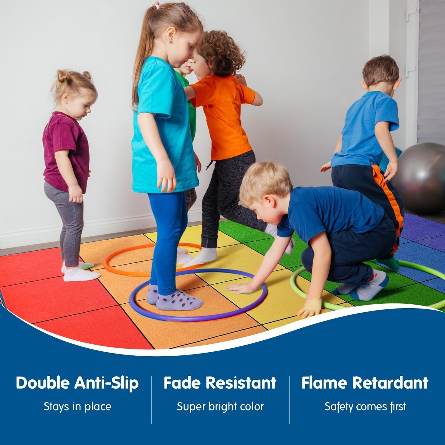 Boooooom Jackson Classroom Rug - 7'6''x13'12'' Vibrant Rainbow Preschool Classroom Carpet with Seating Squares, Non-Slip & No-Trip Edges, Vibrant Colors for Kids Playroom Floor Mat