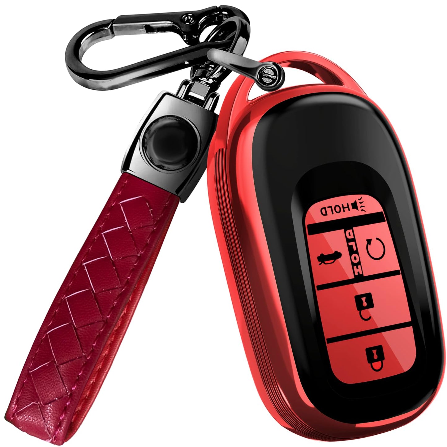 Lucrum Compatible with Honda Key Fob Cover & Leather Keychain - TPU Keyfob Case for Accord Civic CR-V HR-V Pilot Ridgeline, For 5 Button Remote (2022-2026) - Red and Black