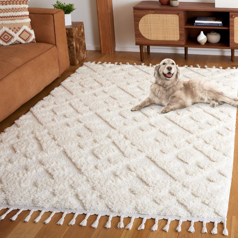 SAFAVIEH Moroccan Tassel Shag Collection Area Rug - 6'7" x 9'2", Ivory, Non-Shedding & Easy to Clean, Plush High-Low Texture, Ideal for Living Room, Bedroom, Dining Space (MTS688C)