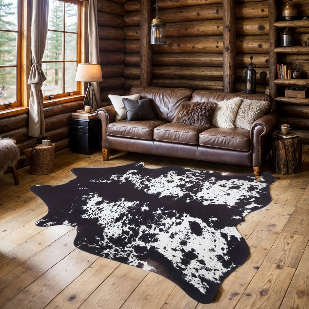 Faux Cowhide Rug 4.6x5.2ft Cow Print Cow Hide Rugs Small Premium Area Carpet Animal Print Rug Western Room Decor for Living Room Bedroom (Black&White)