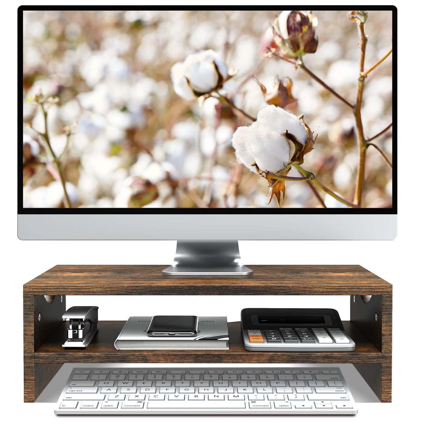 Mountory Monitor Stand Riser, 2 Tiers Wood Monitor Riser Stand with Desktop Shelf Storage Organizer, Ergonomic Desk & Tabletop Organizer Desktop Stand for Laptop Computer, MacBook, PC(Rustic Brown)