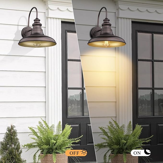 Outdoor Barn Light Fixture Farmhouse Wall Mount Light Gooseneck Wall Sconce Exterior Wall Lighting Fixture Industrial Bronze Finish Lantern for Porch with Gold Interior, 4Pack, RZ004-4PACK ORB