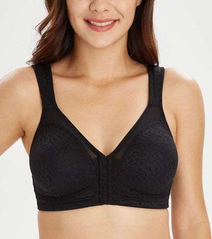 Lemorosy Women's Plus Size Full Coverage Front Closure Posture Back Unpadded Wireless Double Support Minimizer Bra (Black, 44DD)