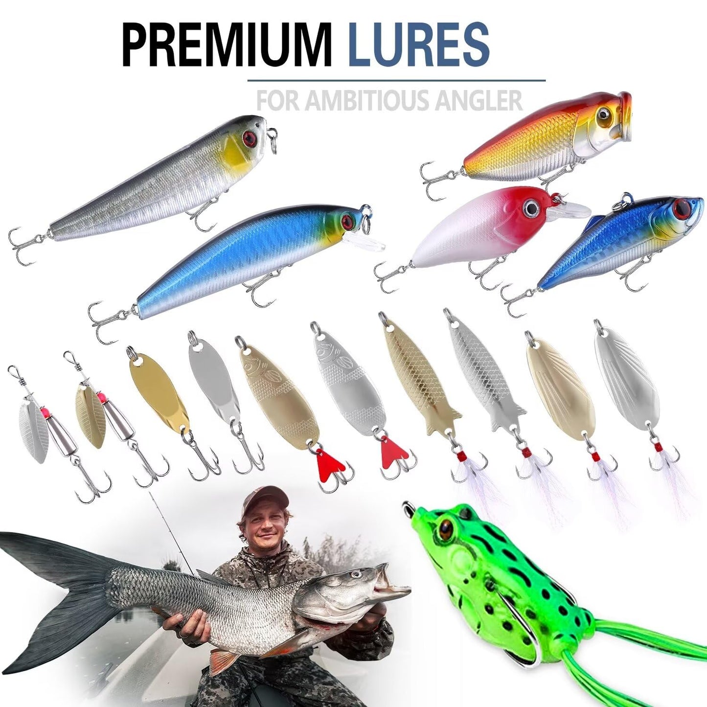 PLUSINNO 302Pcs Fishing Lures, Fishing Tackle Box with Tackle Included, Crankbaits, Spinnerbaits, Hooks, Weights & Accessories - Freshwater Bass Fishing Gear Lure Bait Equipment Kit Gift for Men