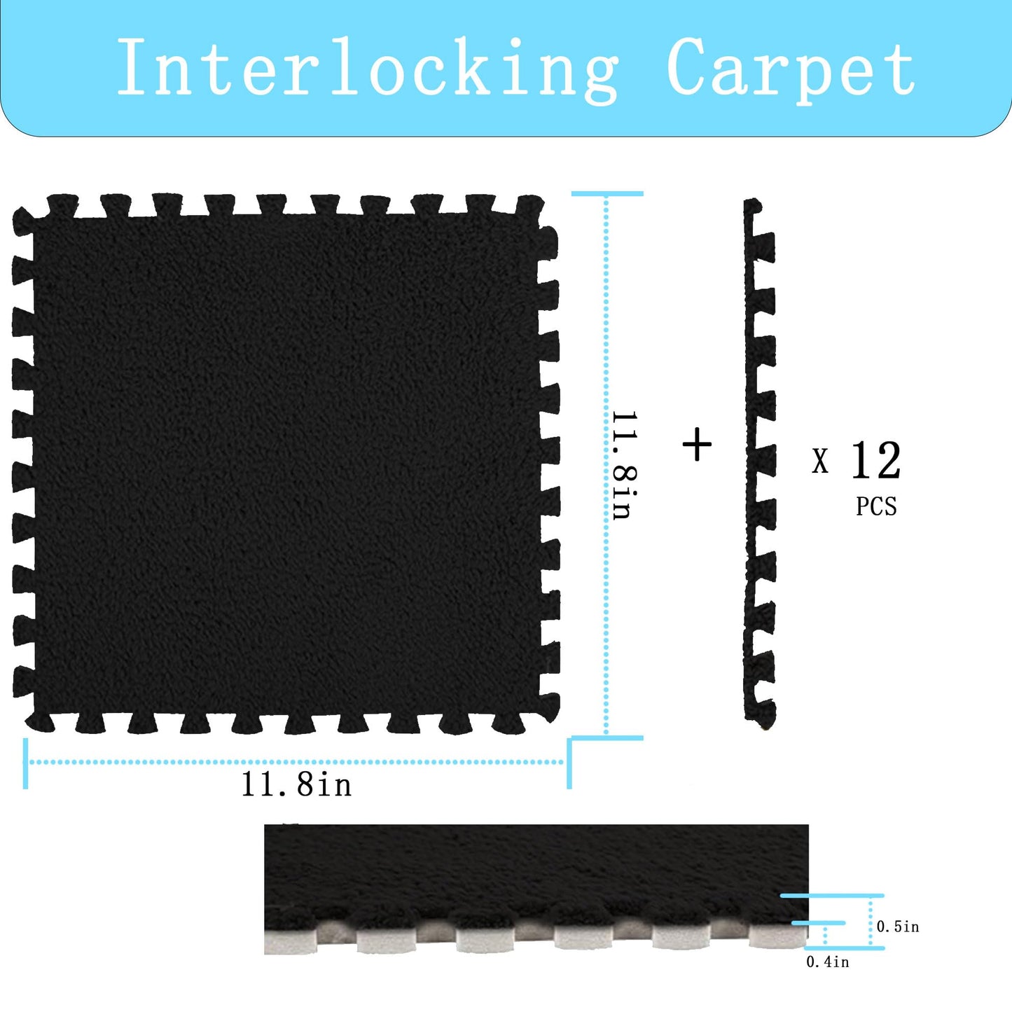 Interlocking Carpet Shaggy Soft EVA Foam Mats Fluffy Area Rugs Protective Floor Tiles Exercise Play Mat for Children Kids Room Home Parlor Bedroom 12 pcs Black