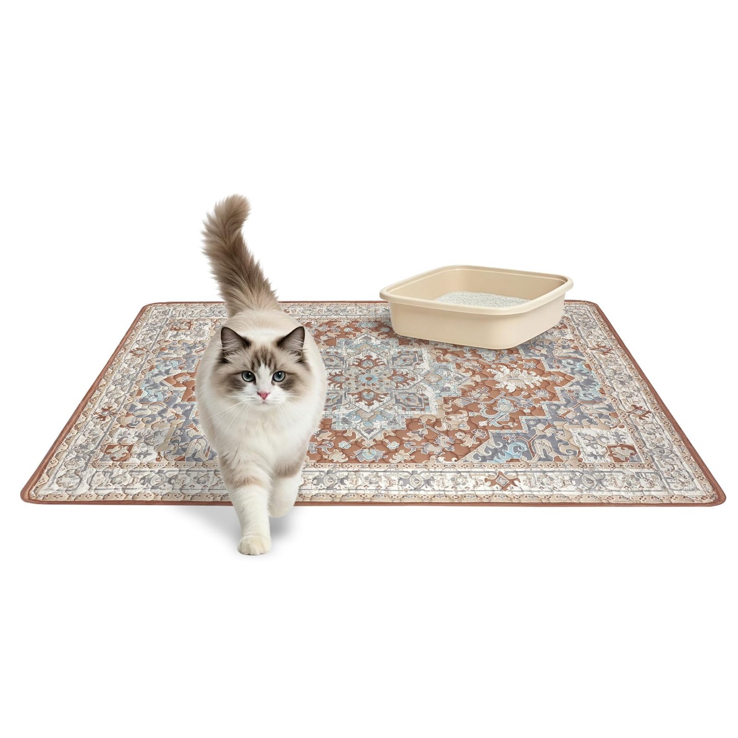 YOSEPATI Cat Litter Mat 2 Pack, Reusable Large 36"x48" Kitty Litter Trapping Mat, Machine Washable Litter Mats for Cats, Waterproof & Non-Slip Compatible with Cat Box (Beige Medallion)
