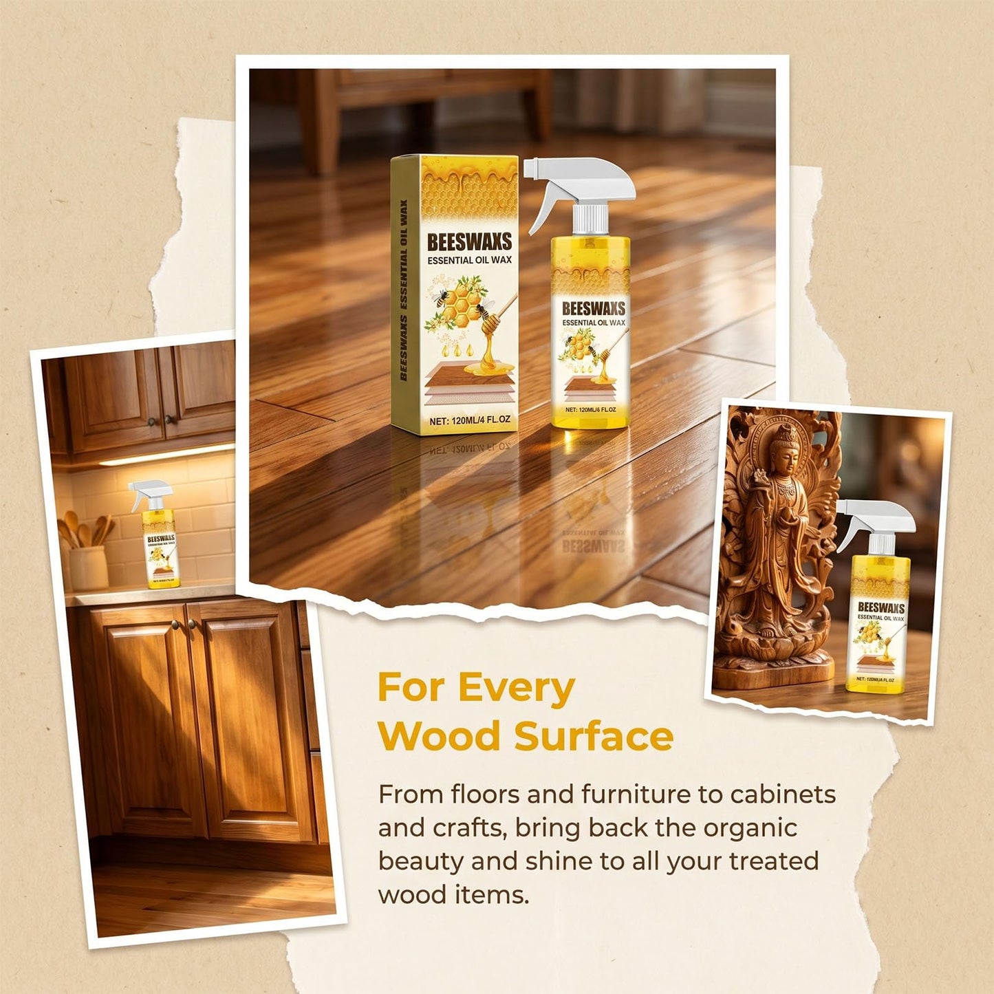 CIVGICY Beeswax Wood Polish, Beeswaxs Essential Oil Wax, Natural Micro-Molecularized Beeswax Spray, Multi-Purpose Furniture Wood Cleaner Repairing Care Spray, Restores Shine & Removes Scratches (1)