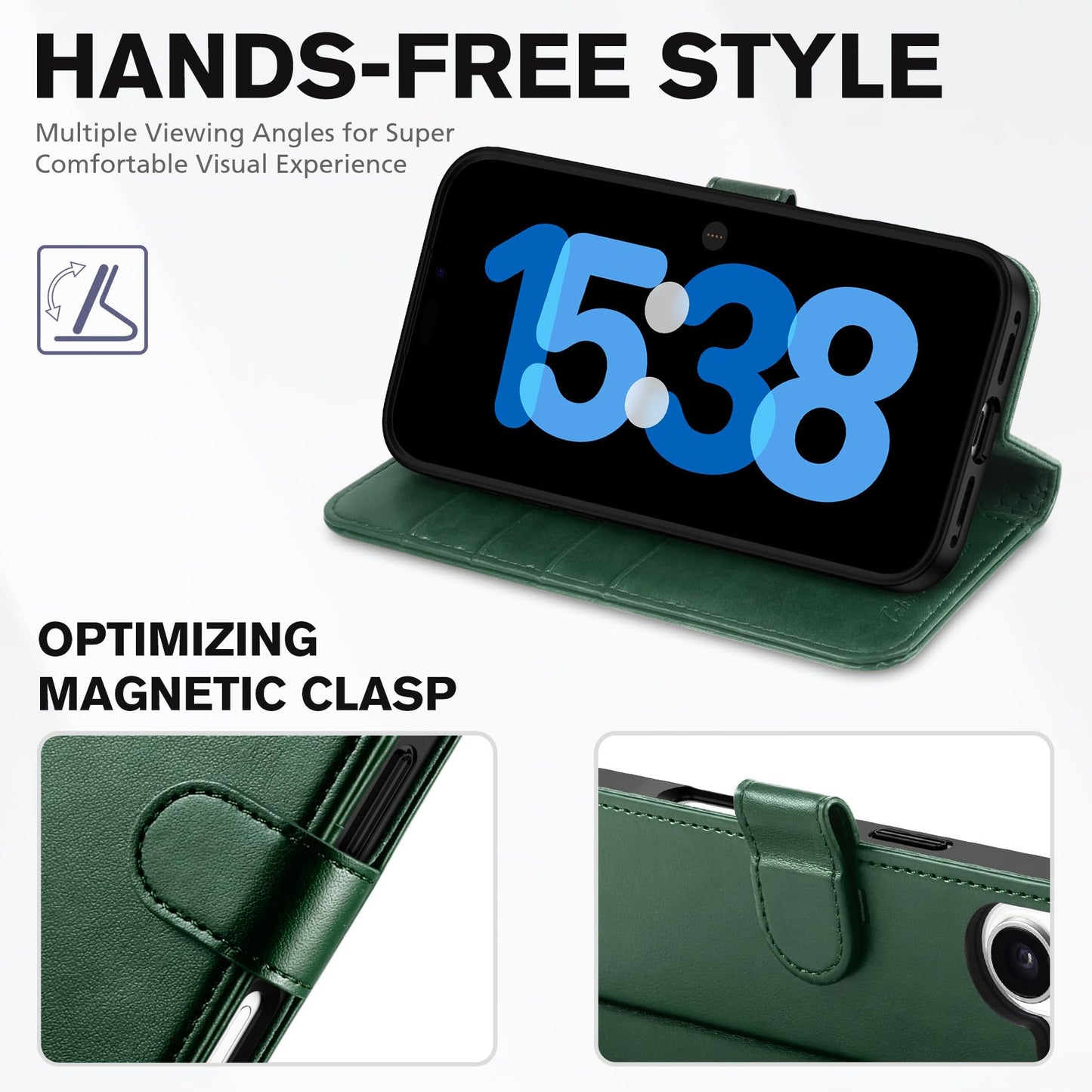 TUCCH Wallet Case for iPhone 17 (6.3") 2025, RFID Blocking 4 Card Slots, Kickstand, Shockproof TPU Shell, PU Leather, Magnetic Closure, Protective Flip Folio Cover, Evergreen