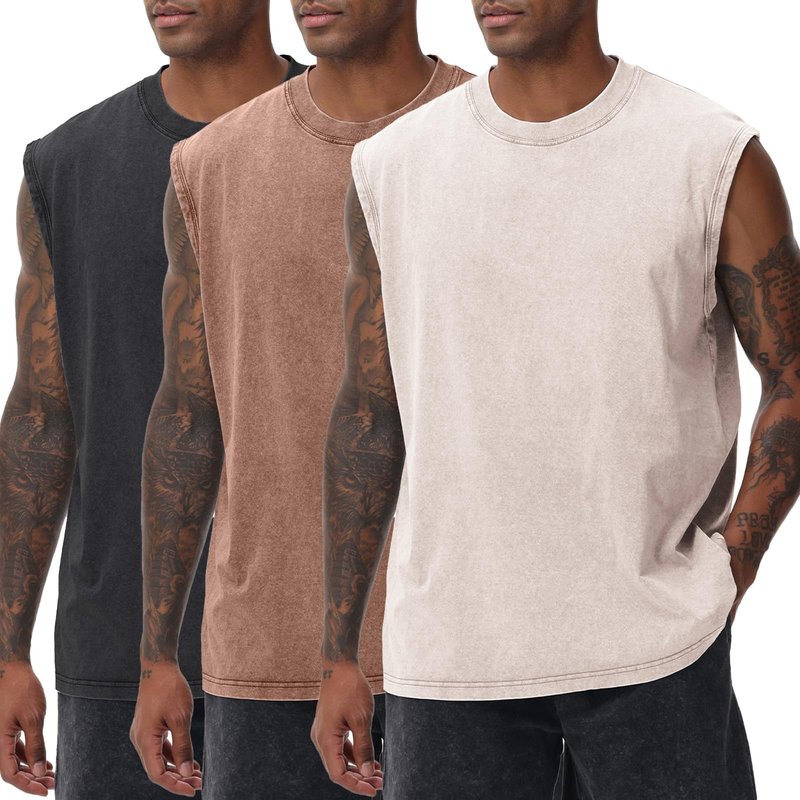 SnowElve 3 Pack Mens Workout Tank Tops Sleeveless Tee Shirts Men Muscle Shirt Gym Acid Wash T Shirts Running Beach Loose Fit Tee(ACCFBK,3XL)