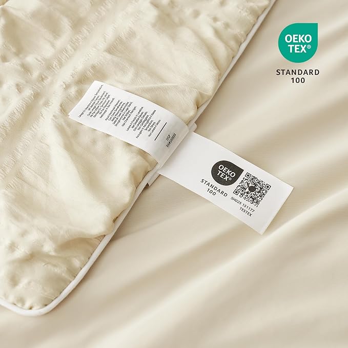 Cozy Bliss Cooling Comforter Seersucker Plaid Queen, Q-Max 0.4 Reversible Lightweight Cooling Blanket, Breathable Silk Smooth Summer Bedding Quilt for Hot Sleepers Night Sweats Khaki