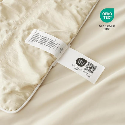 Cozy Bliss Cooling Comforter Seersucker Plaid King, Q-Max 0.4 Reversible Lightweight Cooling Blanket, Breathable Silk Smooth Summer Bedding Quilt for Hot Sleepers Night Sweats Khaki