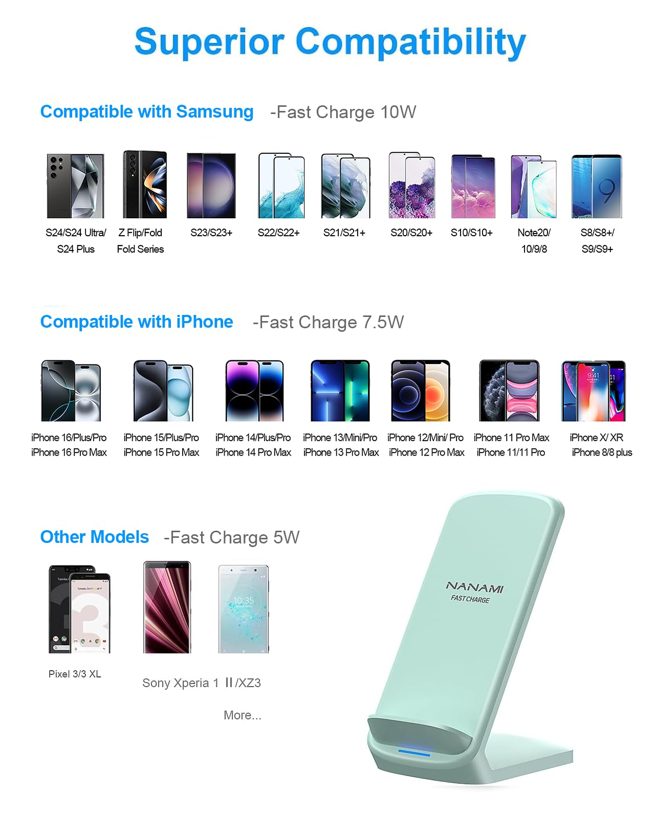 NANAMI Upgraded Fast Wireless Charger, Qi-Certified Wireless Charging Stand Compatible with Samsung Galaxy S25/S24/S23/S22/S21/S20 & Qi Phone Charger for iPhone 17/17 Air/16/16 Plus/16 Pro/15/14/13