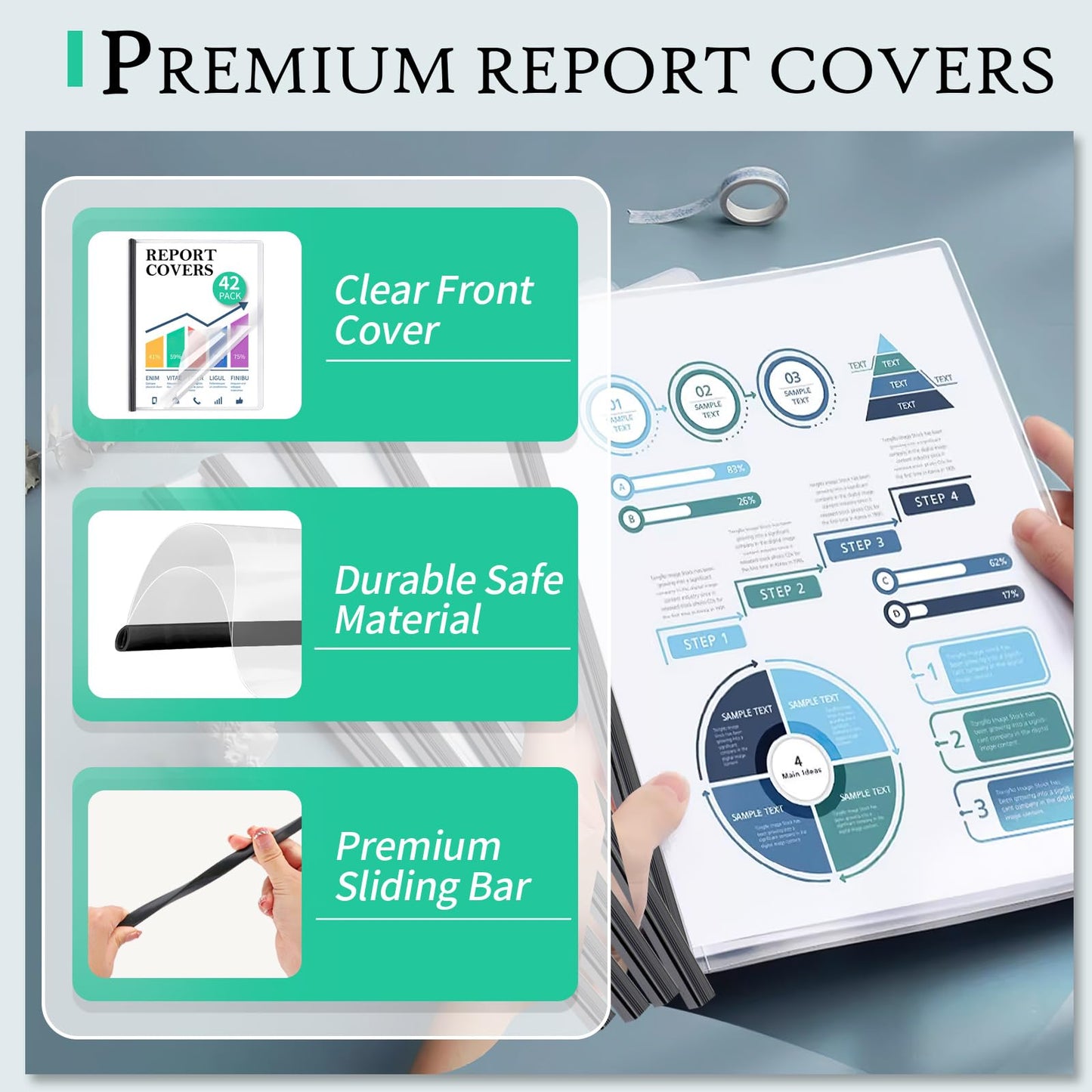 42 Pack Report Covers, COIDEA Report Covers with Sliding Bar, Presentation Folders for A4 and Letter Size Paper, Clear Report Covers Binder Bulk for School Business, 70 Sheet Capacity
