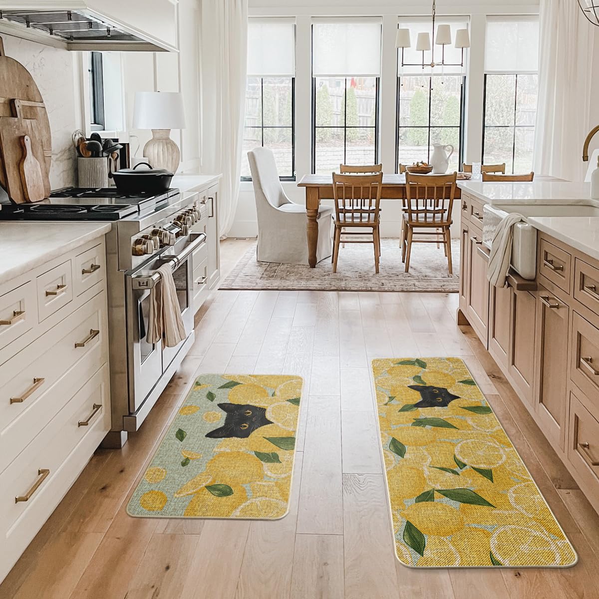 Artoid Mode Lemon Black Cat Summer Kitchen Mats Set of 2, Seasonal Low-Profile Home Decor Kitchen Rugs for Floor - 17x29 and 17x47 Inch