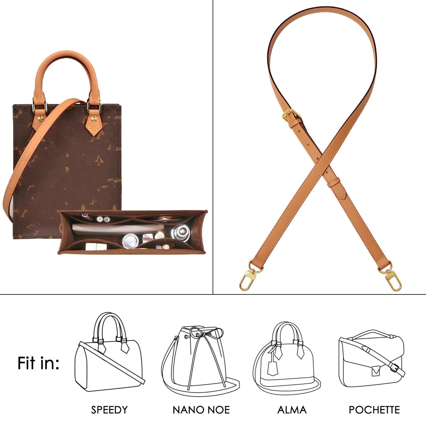 BMBMLV Vachetta Leather Strap Adjustable Crossbody Strap for Small Bags Pochette Mini NM Eva Favorite PM MM Nano Speedy(Honey Light Yellow)