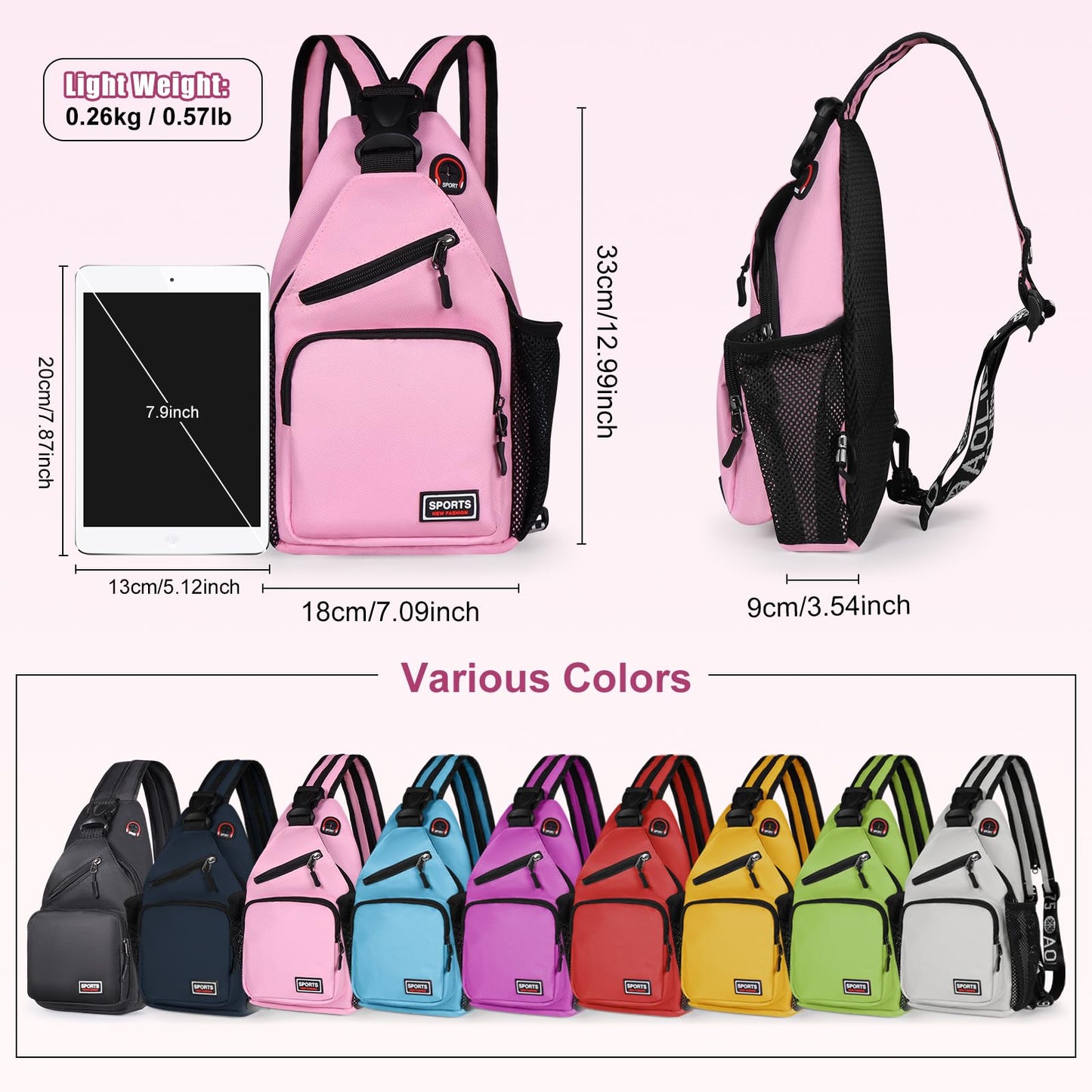 VALUEQLO Crossbody Backpack Convertible Sling Bag for Women Men with Adjustable Strap Small Casual Daypack for Hiking Traveling (Small, 11-Inch, Pink)